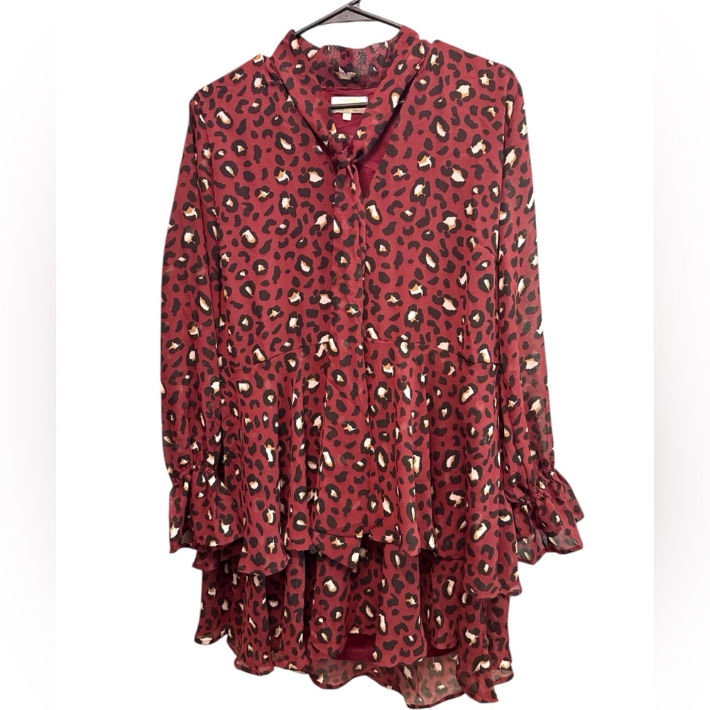 Mud Pie Leopard Ruffle Hem Blouse Tie Neck Layered Tunic Small Burgundy